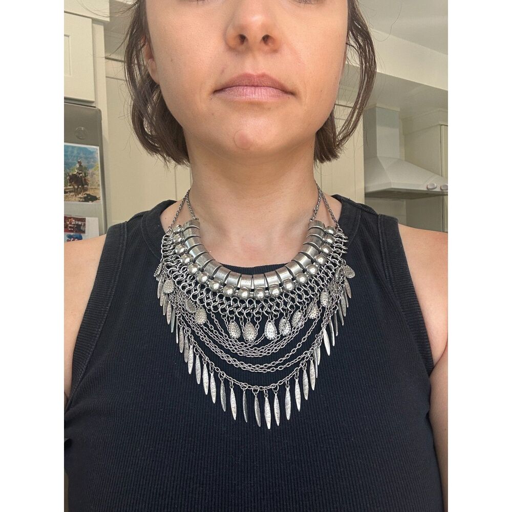 Silver Tribal bib statement necklace